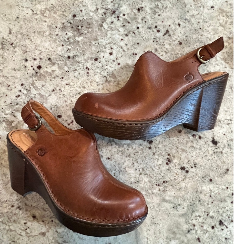 Born Brown Leather Slingback Clog Heels